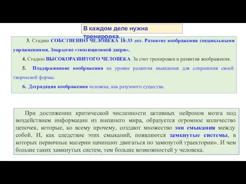 3. Стадию СОБСТВЕННО ЧЕЛОВЕКА 18-33 лет. Развитие воображения специальными упражнениями. Закрытие «эволюционной