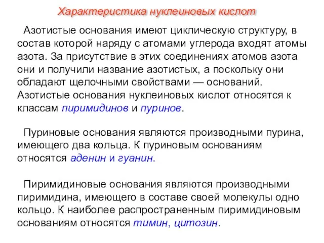 Азотистые основания имеют циклическую структуру, в состав которой наряду с атомами углерода