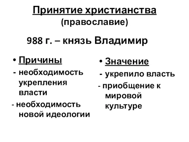 Принятие христианства (православие) Причины необходимость укрепления власти - необходимость новой идеологии Значение