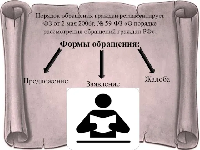 Порядок обращения граждан регламентирует ФЗ от 2 мая 2006г. № 59-ФЗ «О