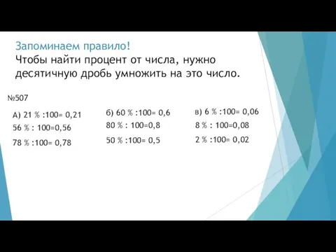 Запоминаем правило! Чтобы найти процент от числа, нужно десятичную дробь умножить на