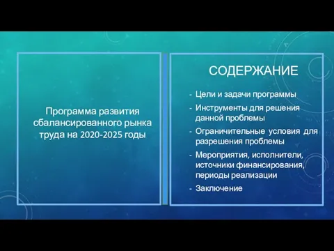 СОДЕРЖАНИЕ Цели и задачи программы Инструменты для решения данной проблемы Ограничительные условия