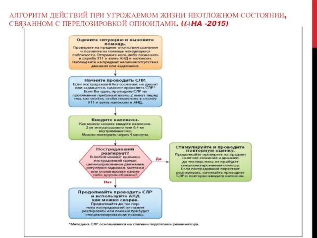 АЛГОРИТМ ДЕЙСТВИЙ ПРИ УГРОЖАЕМОМ ЖИЗНИ НЕОТЛОЖНОМ СОСТОЯНИИ, СВЯЗАННОМ С ПЕРЕДОЗИРОВКОЙ ОПИОИДАМИ. ((АHA -2015)