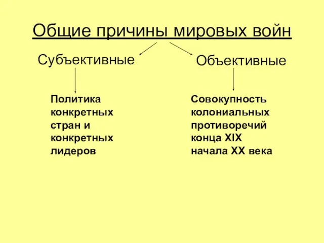 Общие причины мировых войн Субъективные Объективные Политика конкретных стран и конкретных лидеров