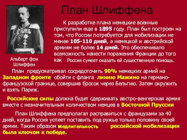 План Шлиффена К разработке плана немецкие военные приступили еще в 1895 году.