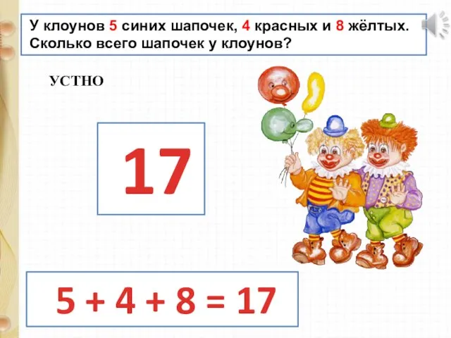 У клоунов 5 синих шапочек, 4 красных и 8 жёлтых. Сколько всего