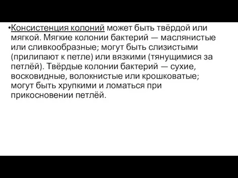 Консистенция колоний может быть твёрдой или мягкой. Мягкие колонии бактерий — маслянистые