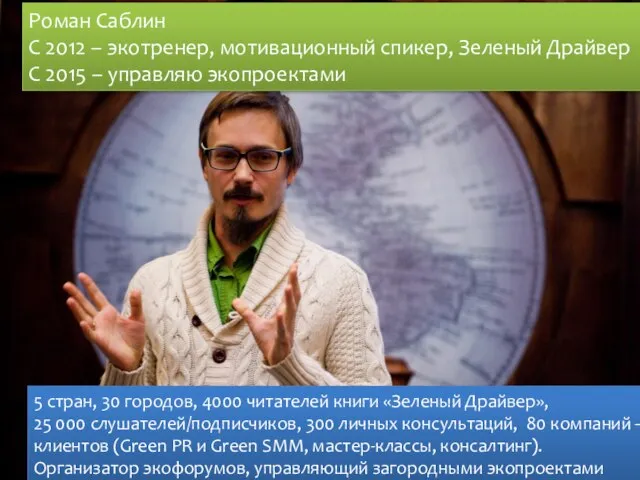 5 стран, 30 городов, 4000 читателей книги «Зеленый Драйвер», 25 000 слушателей/подписчиков,