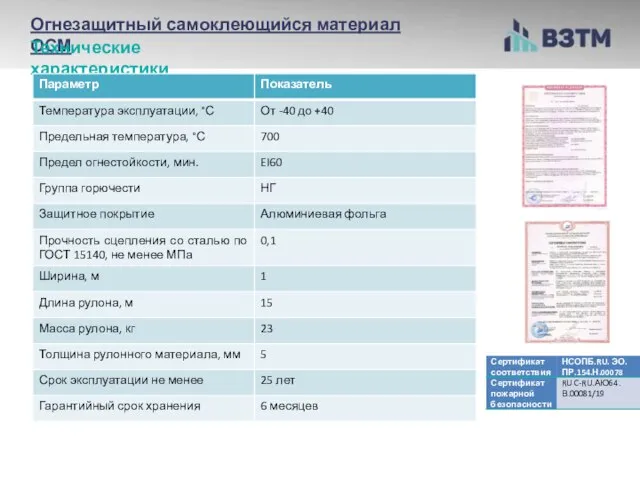 Огнезащитный самоклеющийся материал ОСМ Технические характеристики