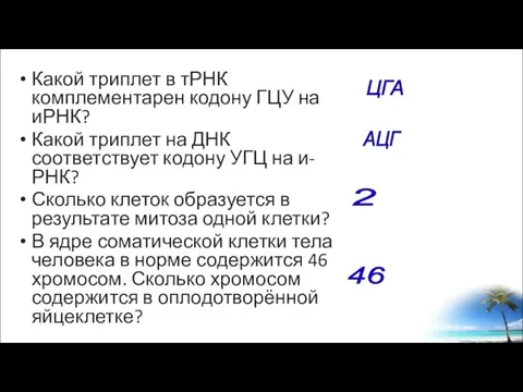 Какой триплет в тРНК комплементарен кодону ГЦУ на иРНК? Какой триплет на