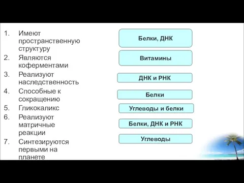 Имеют пространственную структуру Являются коферментами Реализуют наследственность Способные к сокращению Гликокаликс Реализуют