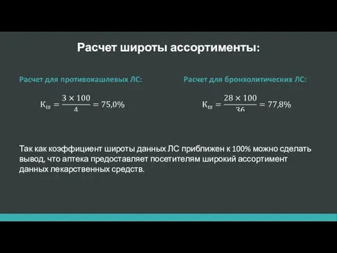 Расчет широты ассортименты: Так как коэффициент широты данных ЛС приближен к 100%