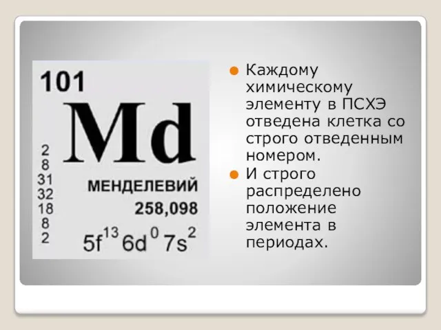 Каждому химическому элементу в ПСХЭ отведена клетка со строго отведенным номером. И