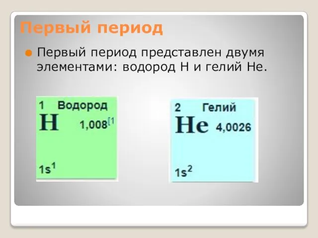 Первый период Первый период представлен двумя элементами: водород Н и гелий Не.