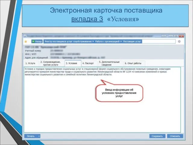 Электронная карточка поставщика вкладка 3 «Условия»