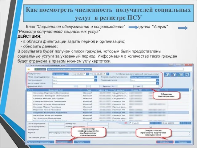 Блок "Социальное обслуживание и сопровождение" группа "Услуги" "Регистр получателей социальных услуг" ДЕЙСТВИЯ: