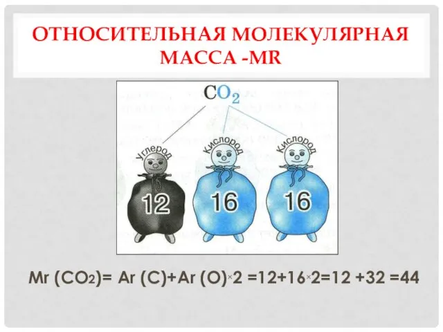 ОТНОСИТЕЛЬНАЯ МОЛЕКУЛЯРНАЯ МАССА -МR Mr (CO2)= Ar (C)+Ar (O)×2 =12+16×2=12 +32 =44
