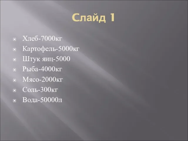 Cлайд 1 Хлеб-7000кг Картофель-5000кг Штук яиц-5000 Рыба-4000кг Мясо-2000кг Соль-300кг Вода-50000л