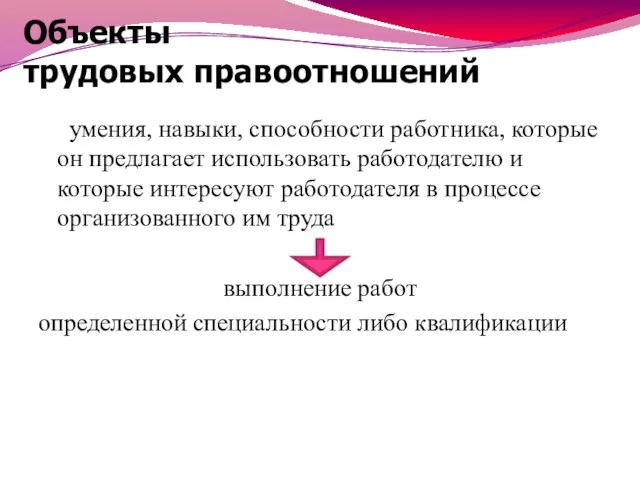 Объекты трудовых правоотношений умения, навыки, способности работника, которые он предлагает использовать работодателю