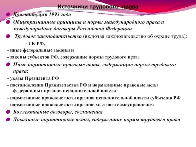 Источники трудового права Конституция 1993 года Общепризнанные принципы и нормы международного права