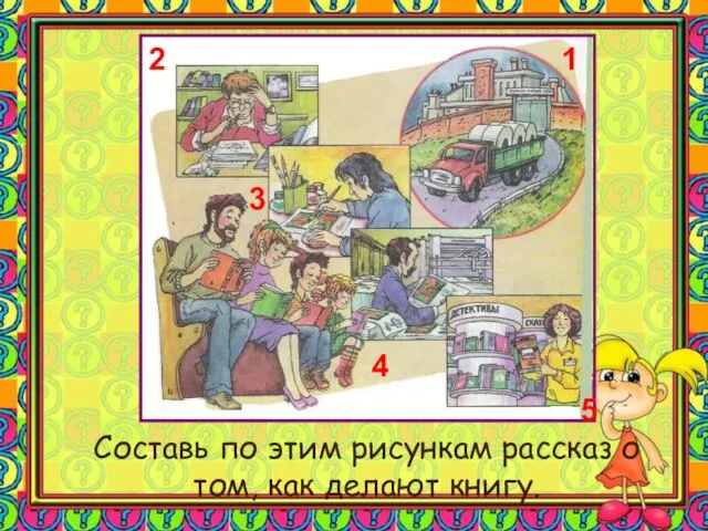 Составь по этим рисункам рассказ о том, как делают книгу. 1 2 3 4 5