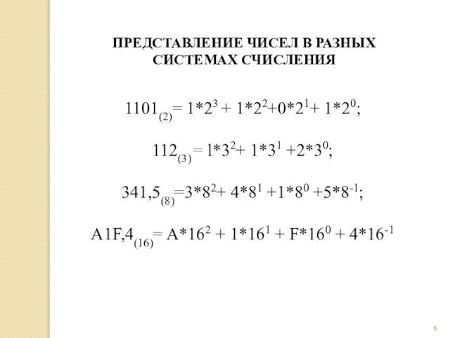 ПРЕДСТАВЛЕНИЕ ЧИСЕЛ В РАЗНЫХ СИСТЕМАХ СЧИСЛЕНИЯ 1101(2)= 1*23 + 1*22+0*21+ 1*20; 112(3)=