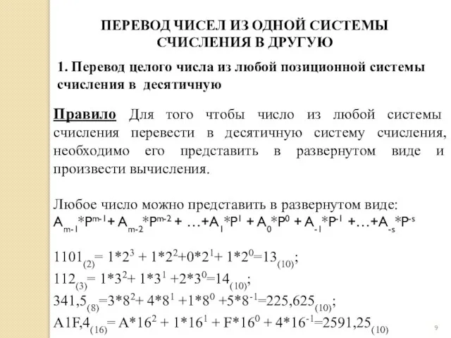 Правило Для того чтобы число из любой системы счисления перевести в десятичную