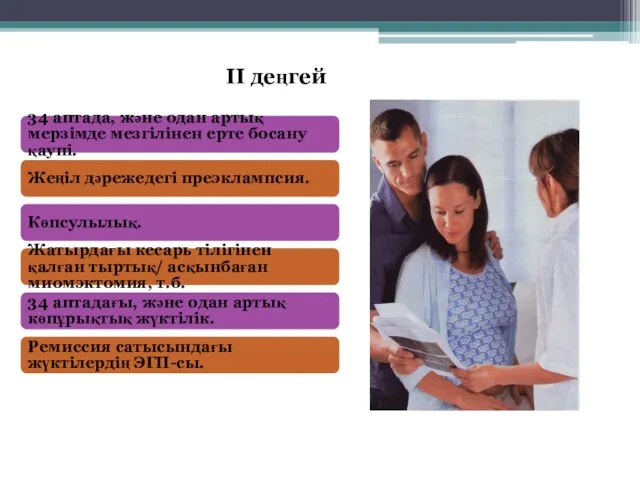 II деңгей 34 аптада, және одан артық мерзімде мезгілінен ерте босану қаупі.