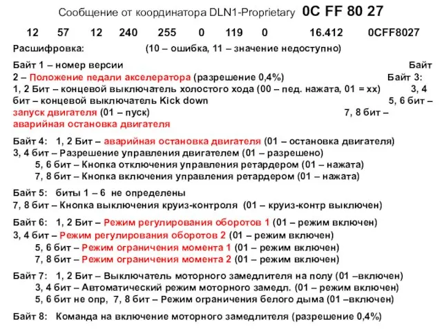 Cообщение от координатора DLN1-Proprietary 0C FF 80 27 Расшифровка: (10 – ошибка,