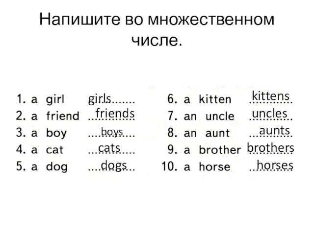 Напишите во множественном числе. girls friends boys cats dogs kittens uncles aunts brothers horses