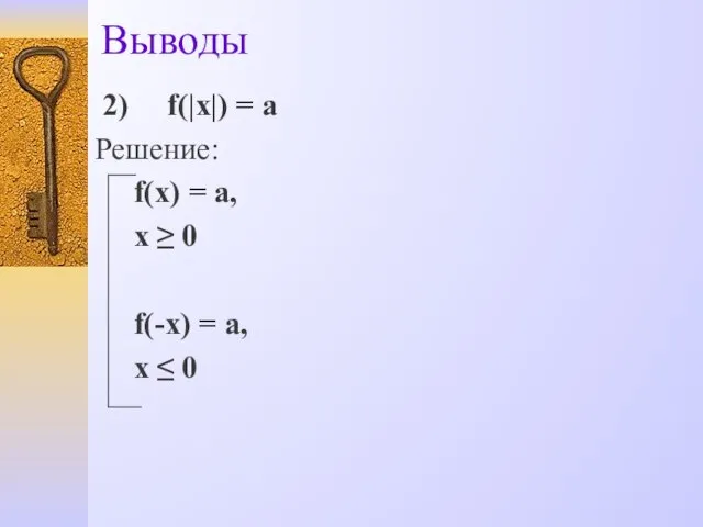 Выводы 2) f(|x|) = a Решение: f(x) = a, х ≥ 0