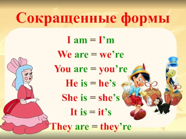 Сокращенные формы I am = I’m We are = we’re You are
