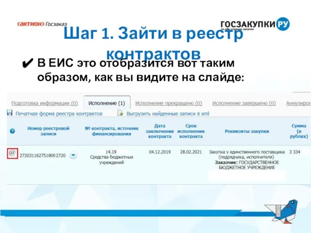 Шаг 1. Зайти в реестр контрактов В ЕИС это отобразится вот таким