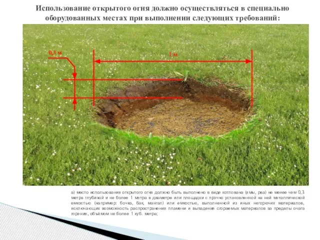 а) место использования открытого огня должно быть выполнено в виде котлована (ямы,