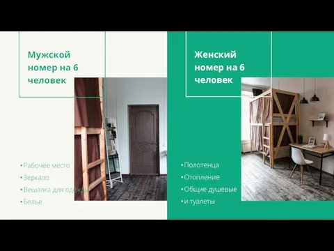 Рабочее место Зеркало Вешалка для одежды Белье Полотенца Отопление Общие душевые и туалеты