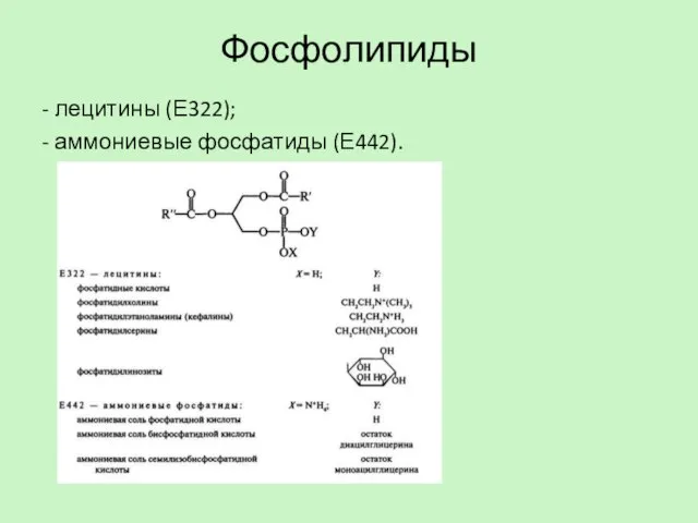 Фосфолипиды - лецитины (Е322); - аммониевые фосфатиды (Е442).