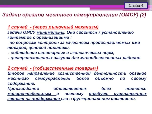 Слайд 4 1 случай - (через рыночный механизм) задачи ОМСУ минимальны. Они