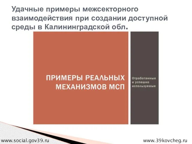 Удачные примеры межсекторного взаимодействия при создании доступной среды в Калининградской обл. www.39kovcheg.ru www.social.gov39.ru