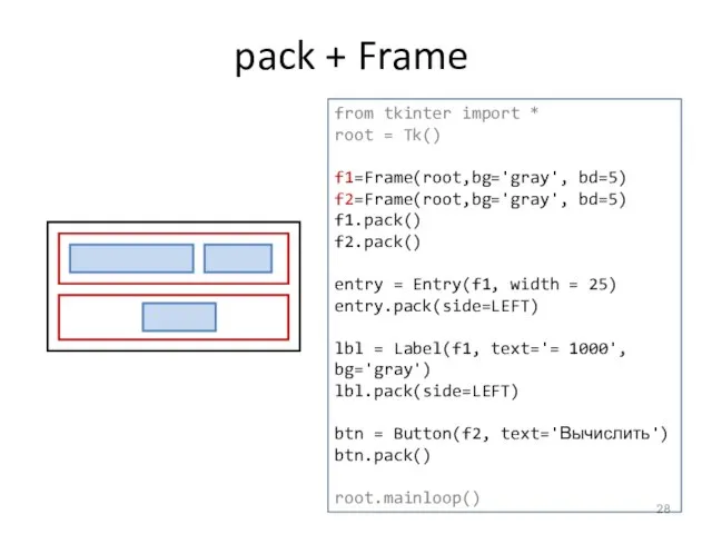 pack + Frame from tkinter import * root = Tk() f1=Frame(root,bg='gray', bd=5)