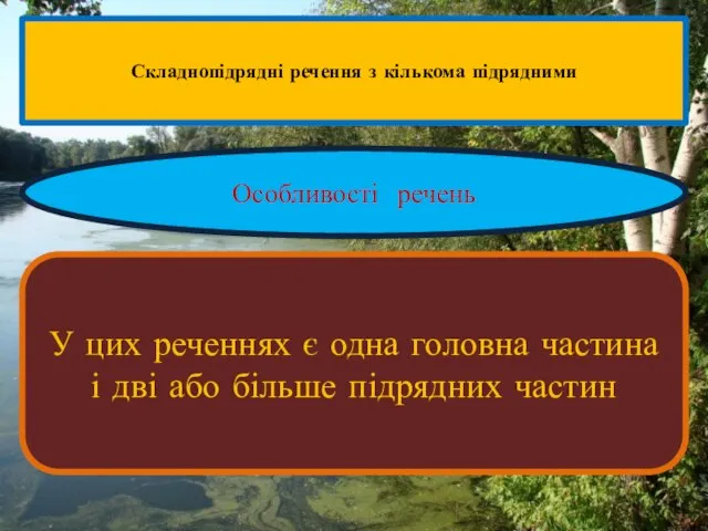 Складнопідрядні речення з кількома підрядними Особливості речень У цих реченнях є одна