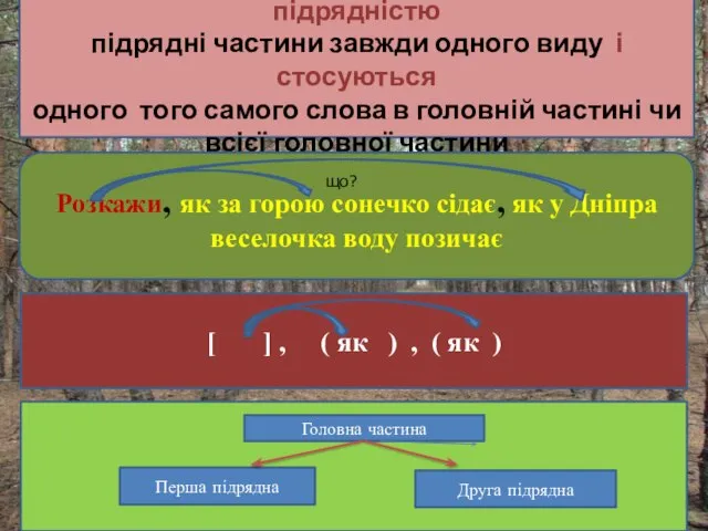 Складнопідрядні речення з однорідною підрядністю підрядні частини завжди одного виду і стосуються