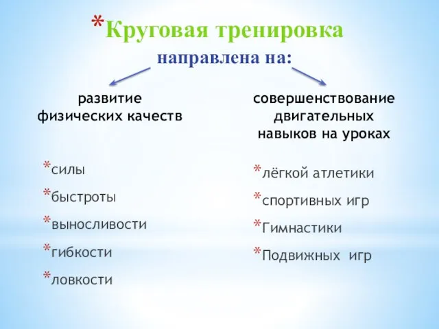 Круговая тренировка направлена на: развитие физических качеств силы быстроты выносливости гибкости ловкости