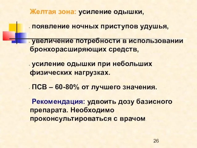 Желтая зона: усиление одышки, появление ночных приступов удушья, увеличение потребности в использовании