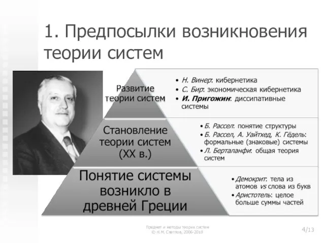 1. Предпосылки возникновения теории систем Предмет и методы теории систем © Н.М. Светлов, 2006-2018 4/13