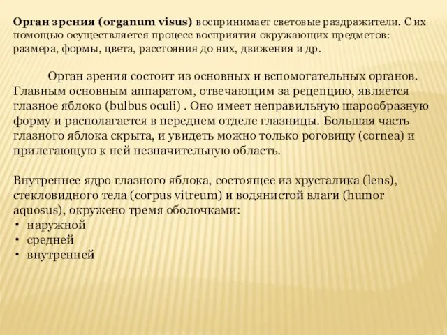 Орган зрения (organum visus) воспринимает световые раздражители. С их помощью осуществляется процесс