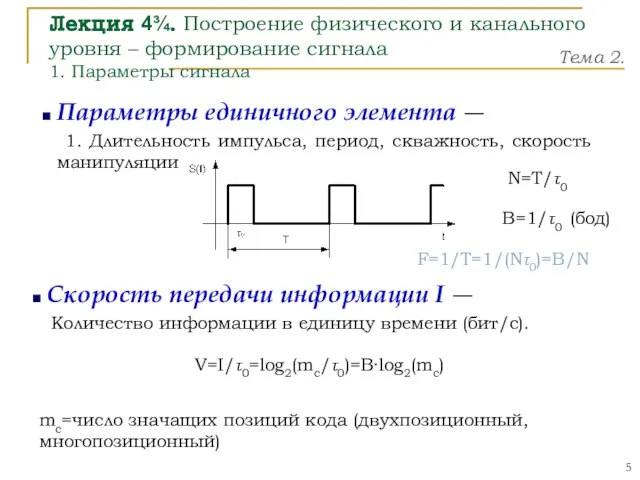 Лекция 4¾. Построение физического и канального уровня – формирование сигнала 1. Параметры