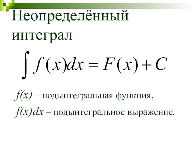 Неопределённый интеграл f(x) – подынтегральная функция, f(x)dx – подынтегральное выражение.