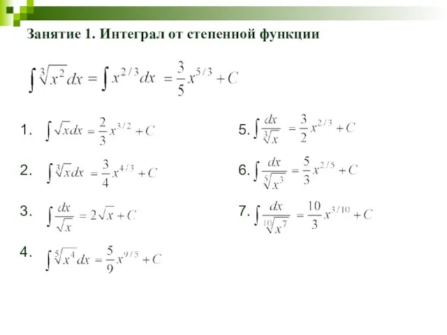 Занятие 1. Интеграл от степенной функции 1. 2. 3. 4. 5. 6. 7.