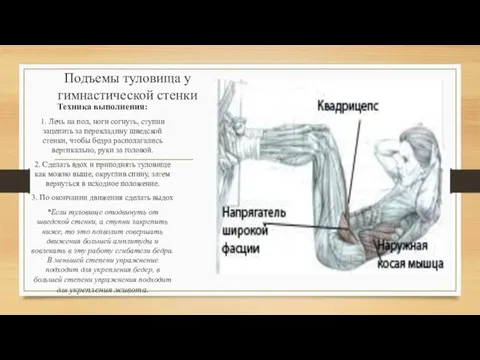 Подъемы туловища у гимнастической стенки Техника выполнения: 1. Лечь на пол, ноги