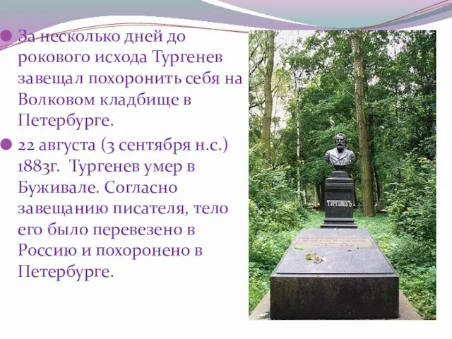 За несколько дней до рокового исхода Тургенев завещал похоронить себя на Волковом